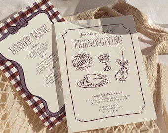 Plum Friendsgiving Printable Bundle: Editable Invitation, Menu & Sign (Canva Template)