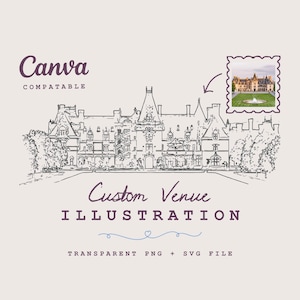 Illustration de lieu personnalisée pour faire-part de mariage, offres spéciales, menus et signalisation | Art événementiel dessiné à la main | Mariage personnalisé SVG PNG Art