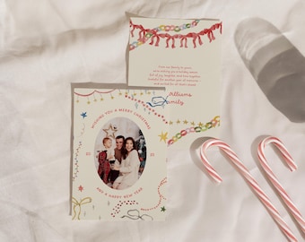 Whimsical Christmas Photo Card Template: Editable Canva Bow Holiday Card