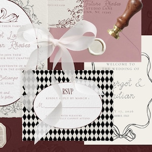 K&ouml;nnte beinhalten: Hochzeitseinladungs-Set mit wei&szlig;em Band, RSVP-Karte und Schreibwaren mit Blumen- und Schwanenillustrationen. Die Einladung tr&auml;gt die Namen Margot & Julian, mit Datum und Ort. Ein Wachssiegel ist ebenfalls vorhanden.
