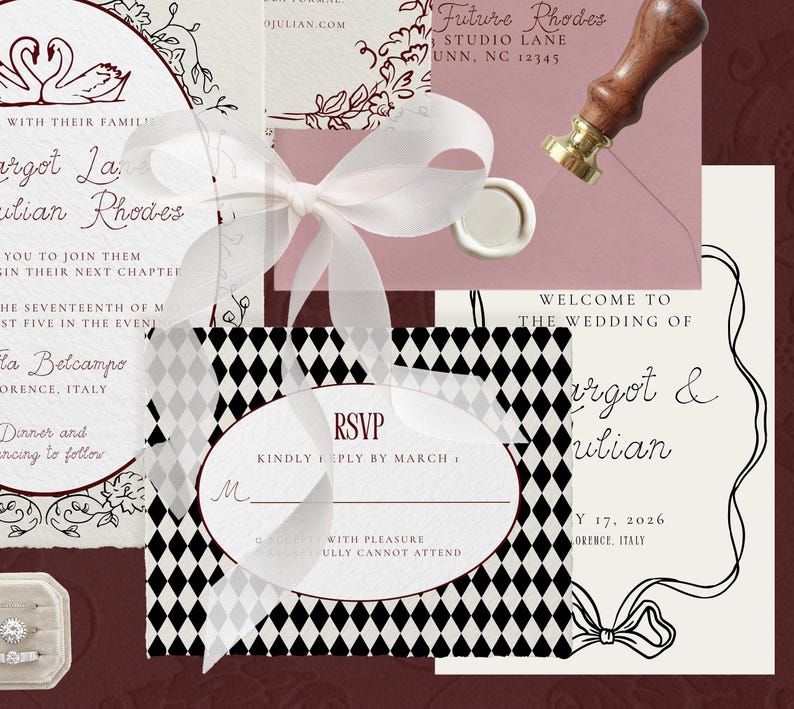 K&ouml;nnte beinhalten: Hochzeitseinladungs-Set mit wei&szlig;em Band, RSVP-Karte und Schreibwaren mit Blumen- und Schwanenillustrationen. Die Einladung tr&auml;gt die Namen Margot & Julian, mit Datum und Ort. Ein Wachssiegel ist ebenfalls vorhanden.