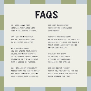 K&ouml;nnte beinhalten: Ein digitales FAQ-Blatt mit dem Titel "FAQs" in fetter schwarzer Schrift. Der Text beantwortet h&auml;ufige Fragen zur Vorlagenbearbeitung, zum Drucken und zur Verwendung von Canva Pro. Der Hintergrund ist hellbeige mit einem gr&uuml;n-blauen Karomuster.