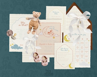 Over the Moon Baby Shower Bundle – Neutral Baby Shower Games & Decor – Editable Canva Templates