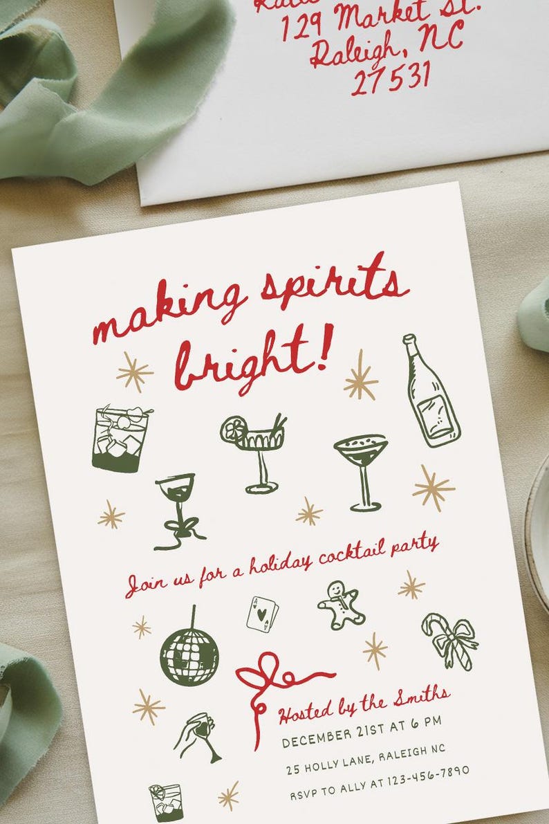 May include: A holiday party invitation with a red and white design. The invitation says "making spirits bright!" and includes a variety of holiday-themed illustrations, including cocktails, a disco ball, a gingerbread man, and candy canes. The invitation is hosted by the Smiths and includes the date, time, and location of the party.