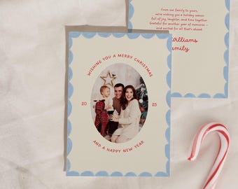 Whimsical Photo Christmas Card: Coastal Blue Watercolor (Editable Canva Template)