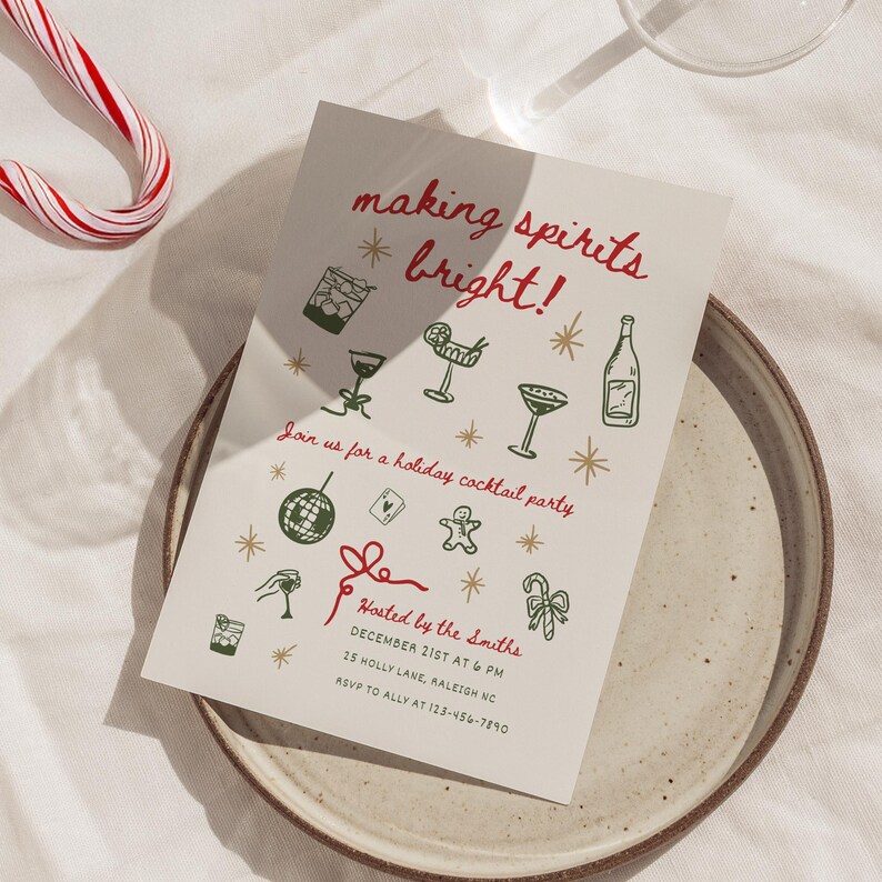 Christmas Cocktail Party Invitation: Hand-Drawn Holiday Design (Digital Download Canva Template) image 2