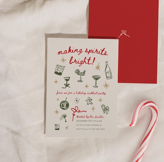 Christmas Cocktail Party Invitation: Hand-Drawn Holiday Design (Digital Download Canva Template)