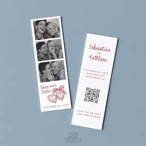 May include: Two white rectangular save-the-date cards. One card features three black and white photo booth style images of a couple. The other card has the names "Sebastian and Kathleen" in red script, date, location, and a QR code.