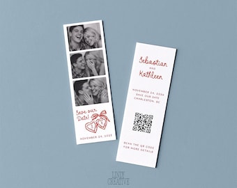 Red and White Save the Date Canva Template · Photo Strip Bookmark Design · Editable Wedding Template with QR Code · Modern Minimalist Layout