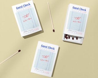 Editable Guest Check Matchbox Template | Wedding Favor Canva Retro Diner Theme Funny Custom Reception Apartment First Home