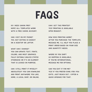 May include: A digital FAQ sheet with the title "FAQs" in large, bold, black letters. The sheet is divided into two columns, with questions and answers in a clean, easy-to-read format. The background is a light beige with a green and blue checkered pattern.