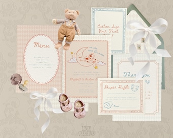 Over the Moon Baby Shower Printable Set – Neutral Gender Reveal Decor – Editable Canva Templates