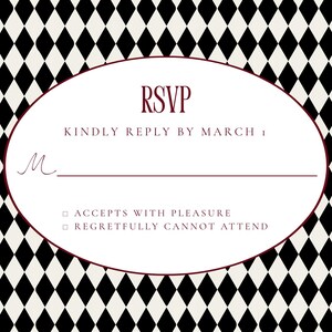 K&ouml;nnte beinhalten: RSVP-Karte mit einem schwarz-wei&szlig;en Rautenmuster. Ein wei&szlig;es Oval in der Mitte tr&auml;gt das Wort "RSVP" in Burgunderrot. Der Text "KINDLY REPLY BY MARCH 1" steht &uuml;ber einer Unterschriftenzeile. Optionen zum Zu- oder Absagen der Einladung.