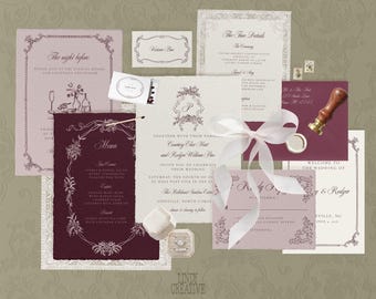 Romantic Wedding Invitation Template Set | Elegant Vintage Canva Suite | Digital RSVP, Menu, Details, Signage | Formal Printable Invite