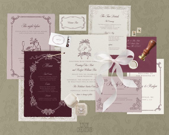 Romantic Wedding Invitation Template Set | Elegant Vintage Canva Suite | Digital RSVP, Menu, Details, Signage | Formal Printable Invite