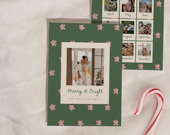 Cute Year in Review Photo Christmas Card: Pink Flowers (Editable Canva Template)