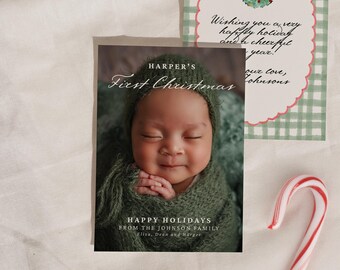Baby's First Christmas Card: Watercolor Gingham Photo Template (Canva Editable, Digital Download
