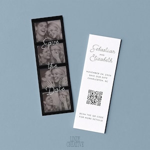 May include: Two wedding announcement cards on a light blue surface. One card is black with four black and white photo booth style images and the words "Save the Date". The other card is white with the names "Sebastian and Elizabeth" and a QR code.