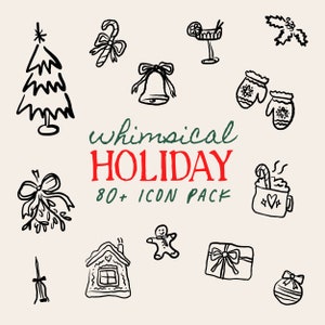 Pacote de ícones de Natal desenhados à mão | Mais de 80 ilustrações de feriados caprichosos | Gráficos de clip art PNG SVG festivos para convites, cartões, decoração, presentes