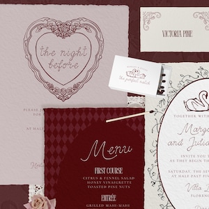 K&ouml;nnte beinhalten: Hochzeitspapeterie-Set in Burgunder- und Cremet&ouml;nen. Enth&auml;lt eine Einladung mit herzf&ouml;rmigem Rahmen und dem Text "the night before", eine Men&uuml;karte, eine Tischkarte und eine Streichholzschachtel mit Schwanenmotiv.