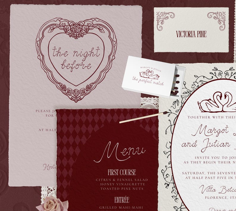 K&ouml;nnte beinhalten: Hochzeitspapeterie-Set in Burgunder- und Cremet&ouml;nen. Enth&auml;lt eine Einladung mit herzf&ouml;rmigem Rahmen und dem Text "the night before", eine Men&uuml;karte, eine Tischkarte und eine Streichholzschachtel mit Schwanenmotiv.