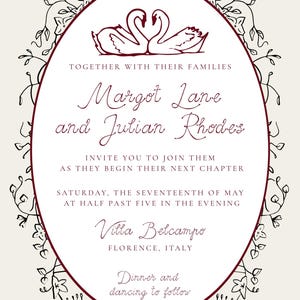 K&ouml;nnte beinhalten: Elegante Hochzeitseinladung mit burgunderrotem Rand und Text. Zeigt zwei Schw&auml;ne und die Namen Margot Lane und Julian Rhodes. Enth&auml;lt Details f&uuml;r eine Zeremonie in Florenz, Italien.