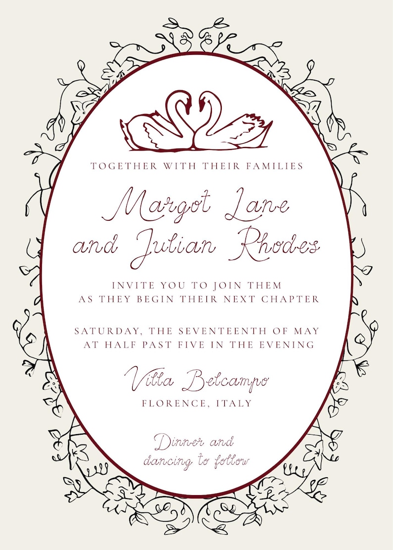 K&ouml;nnte beinhalten: Elegante Hochzeitseinladung mit burgunderrotem Rand und Text. Zeigt zwei Schw&auml;ne und die Namen Margot Lane und Julian Rhodes. Enth&auml;lt Details f&uuml;r eine Zeremonie in Florenz, Italien.