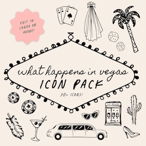 Set di icone di Las Vegas / Icone disegnate a mano per Las Vegas, Itinerario per l'addio al nubilato a Las Vegas, Save the Date a Las Vegas, Clip Art personalizzate, Viva Love Vegas, Party