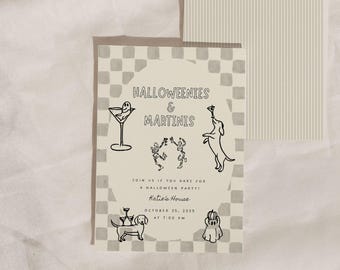Hand-Drawn Halloween Party Invitation: Retro Martini Design (Editable Canva Template)