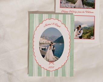 Married & Bright | Editable Canva Holiday Card | Wedding Photo Christmas Card Template | Vintage Scallop Bow Design