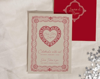 Vintage Doily and Lace Engagement Invitation | Red, Retro (Editable Canva Template)