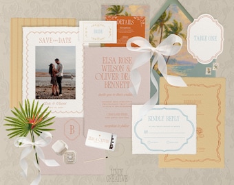 May include: A collection of wedding stationery, including a "Save the Date" card with a photo, invitation, RSVP card, and table card. The color palette includes soft pink, orange, and cream tones, with elegant typography and decorative borders. A white ribbon and palm frond add a touch of natural elegance.