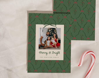 Merry & Bright Christmas Card Template | Scallop Floral Photo Holiday Card | Editable Canva