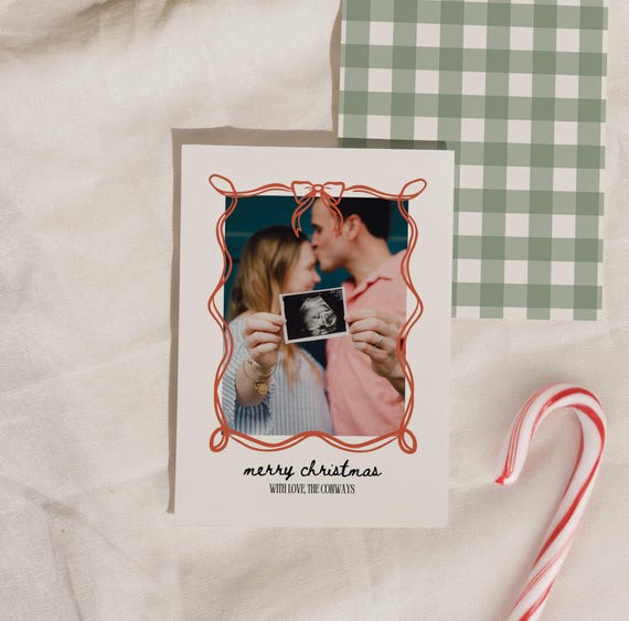 Hand-Drawn Bow Christmas Card Template: DIY Photo Card (Canva Editable, Digital Download
