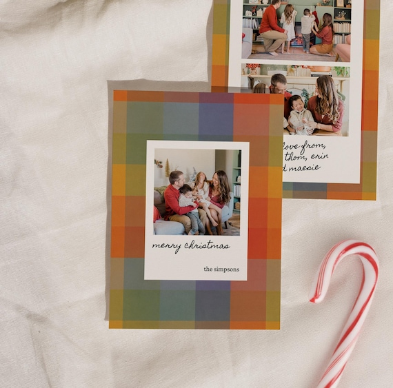 Plaid Christmas Polaroid Postcard Template | Editable Canva Holiday Card | Vintage Photo Christmas Card | Printable Holiday Template