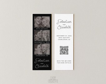 Minimalist Photo Strip Save the Date Canva Template · Black and White Wedding Bookmark with QR Code · Elegant Modern Editable Save the Date