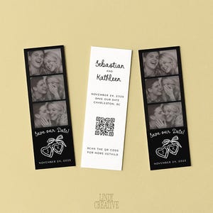 May include: Three wedding save-the-date cards. Two black cards feature photo booth strips with a couple and the text "Save our Date!" and "November 24, 2015." A white card has names, date, location, and a QR code.