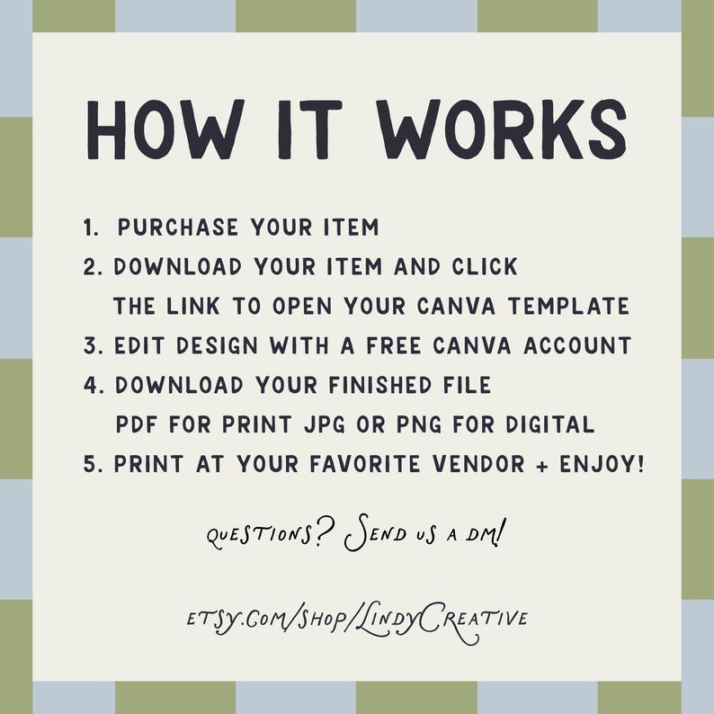 May include: A cream-colored graphic with the text "HOW IT WORKS" in a bold, dark font. The steps to purchase, download, edit, and print a digital item are listed. The Etsy shop URL is also included.