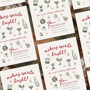 May include: A set of holiday party invitations with a white background and green and gold illustrations. The invitations feature the text "making spirits bright!" and details about the party, including the date, time, and location. The invitations are perfect for a festive gathering.