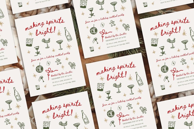 May include: A set of holiday party invitations with a white background and green and gold illustrations. The invitations feature the text "making spirits bright!" and details about the party, including the date, time, and location. The invitations are perfect for a festive gathering.