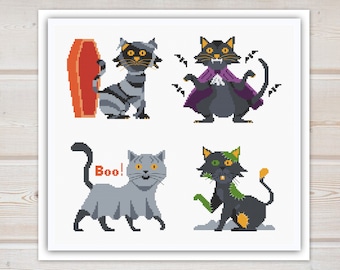 Halloween Cat Cross Stitch Pattern Pdf Autumn Set of 4 Beginner Funny Cute Easy Simple Primitive Instant Download