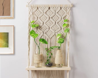 Macrame and Wooden Wall Hanging Shelf, Bohemian Style Hand Woven Boho Organizer for Plants and Pots Tassel Floating Shelves- Beige