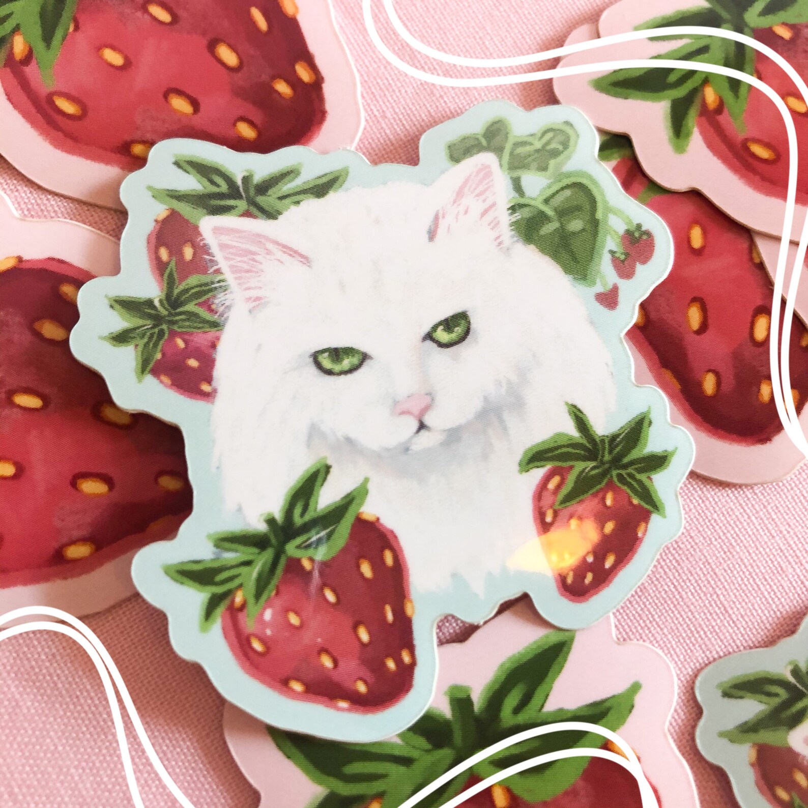 Strawberry Cat Vinyl Sticker Holo Art Print Etsy