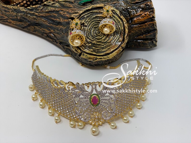 Peacock Motifs CZ Stones Choker Necklace Set