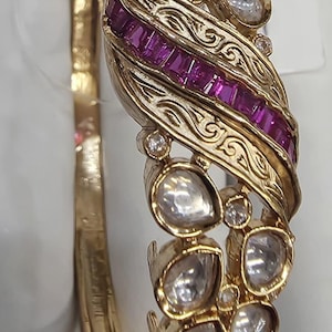 Gold Kundan Style Bangle Bracelet with Pink Ruby Stones, Antique Finish Open Cuff Bracelet, Traditional Indian Bridal Jewelry
