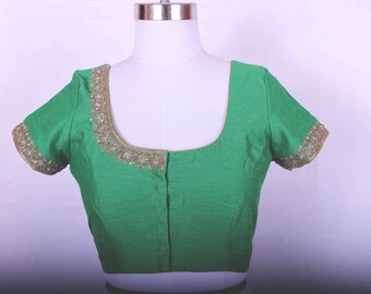 Green Color Plus Size Brocade Silk Readymade Saree Blouses, Indian