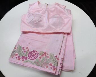 Powder pink semi tussar saree with stitched blouse