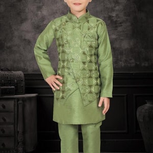 MEHENDI GREEN THREE piece sherwani set with assymetrical overcoat