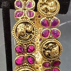 Antique Gold Temple Bangles with Ruby Stones, Floral Deity Design Bangles, Traditional Indian Bridal Jewelry, Ethnic Kada Set