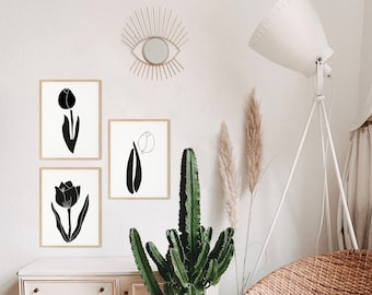 Black and white wall art, Tulip print, Modern digital print, Printable floral wall art, Standard and poster sizes available, Bundle of 3
